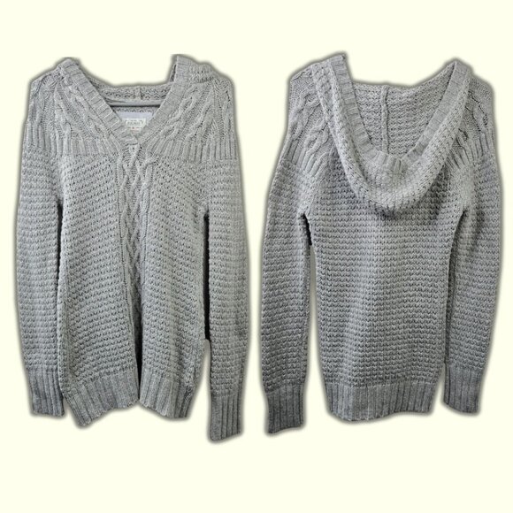 Old Navy Y2k Hooded Sweater Gray Lambswool Rabbit Hair Preppy Chunky Cable Knit - Picture 1 of 13